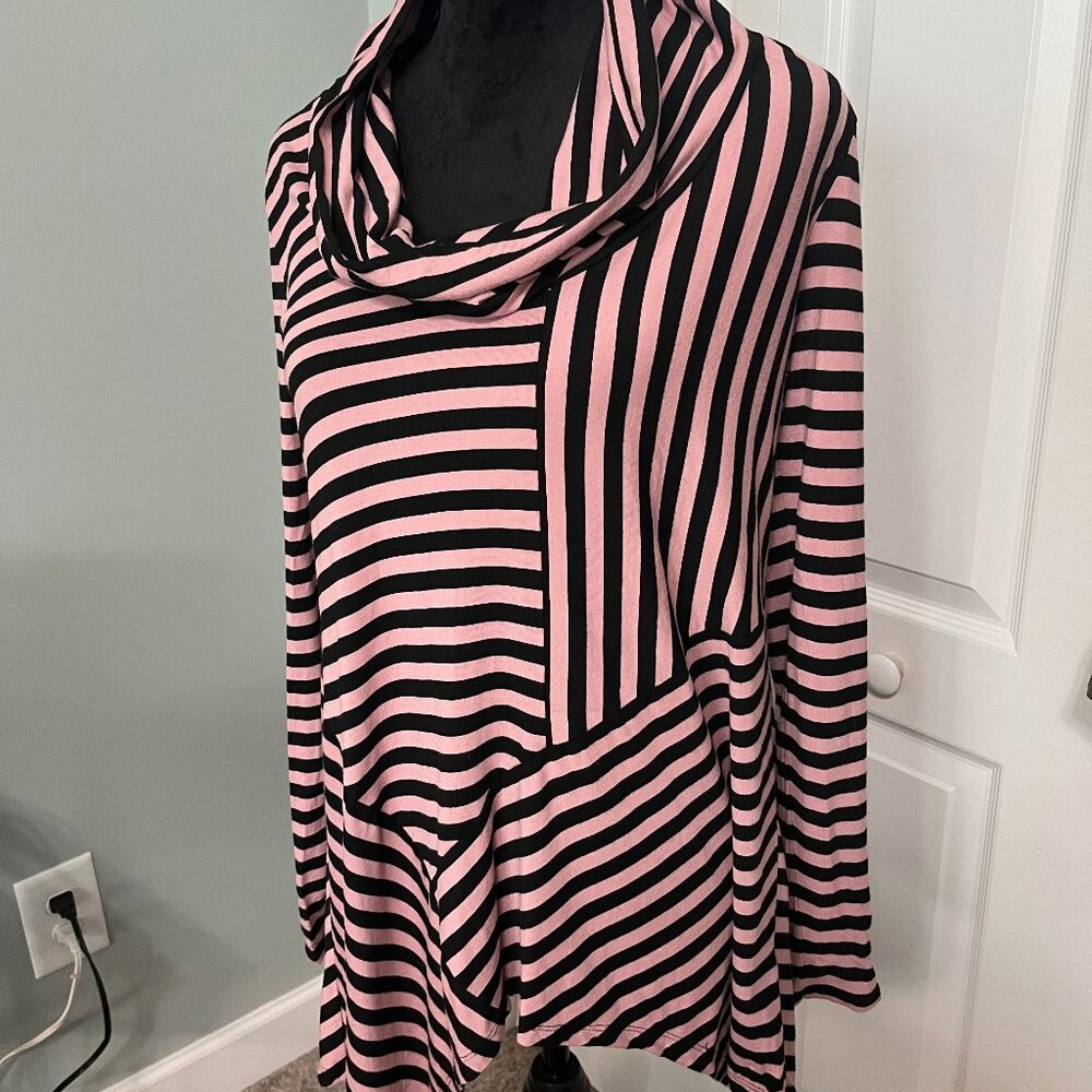 Asymetrical cowl neck jersey tunic with panels of black and pink stripes